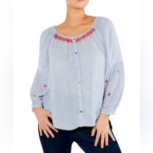 Nic + Zoe Embroidered Striped Peasant Top